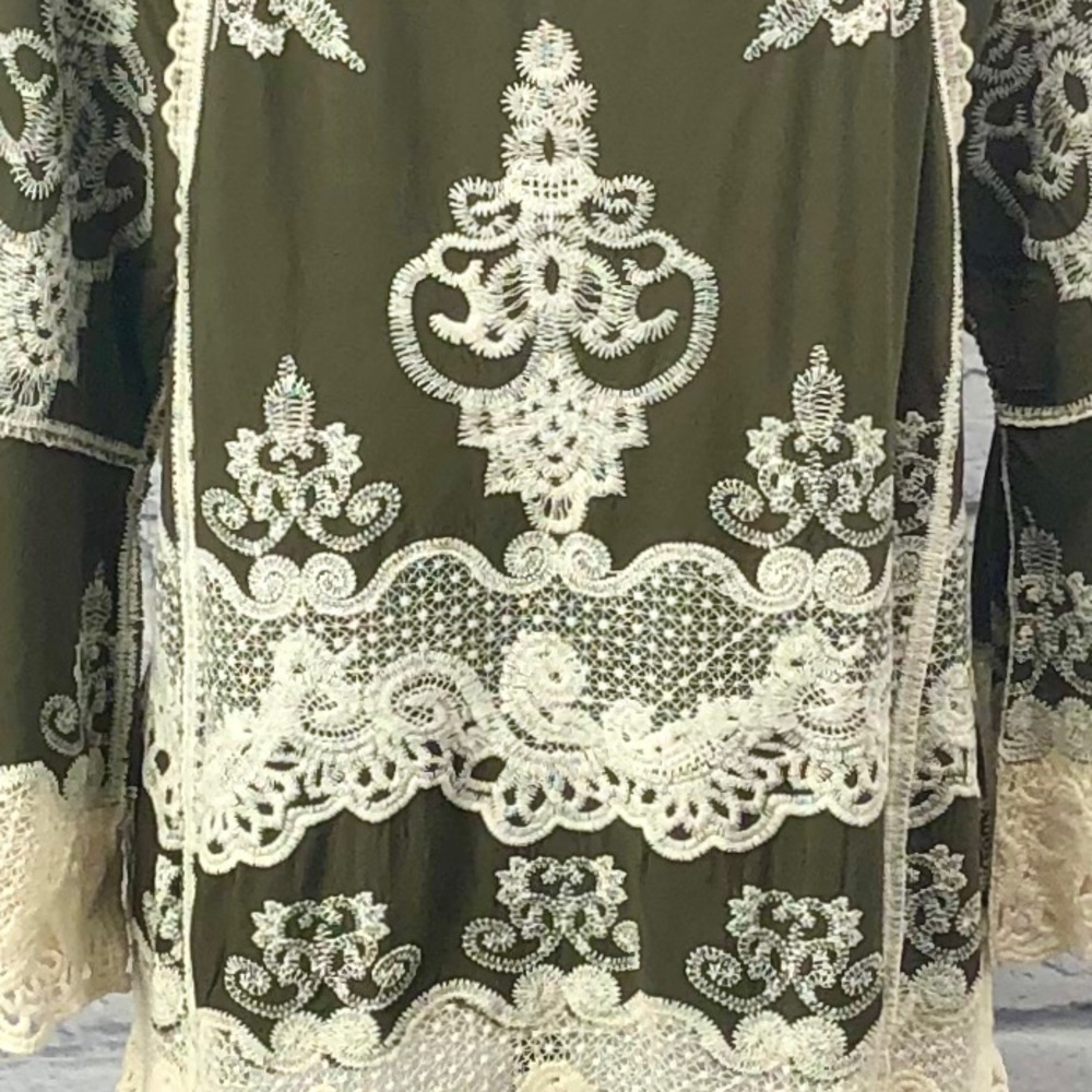 Democracy Embroidered Crochet Top in Olive Green - Picture 11 of 16